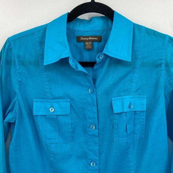TOMMY BAHAMA Teal Turquoise Blue 100% Cotton Lightweight Button Up Blouse XL - Picture 2 of 6